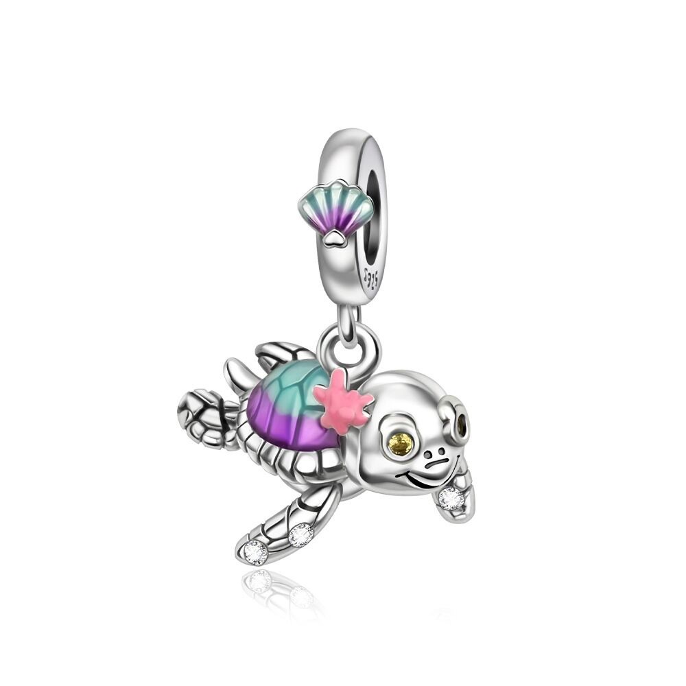 Sterling Silver Turtle Charm Bracelet Pendant in Purple, Teal & Pink